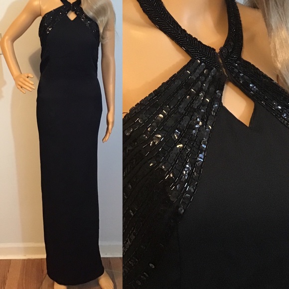 Vintage Dresses & Skirts - Vintage 90s Black Beaded Halter Evening Gown